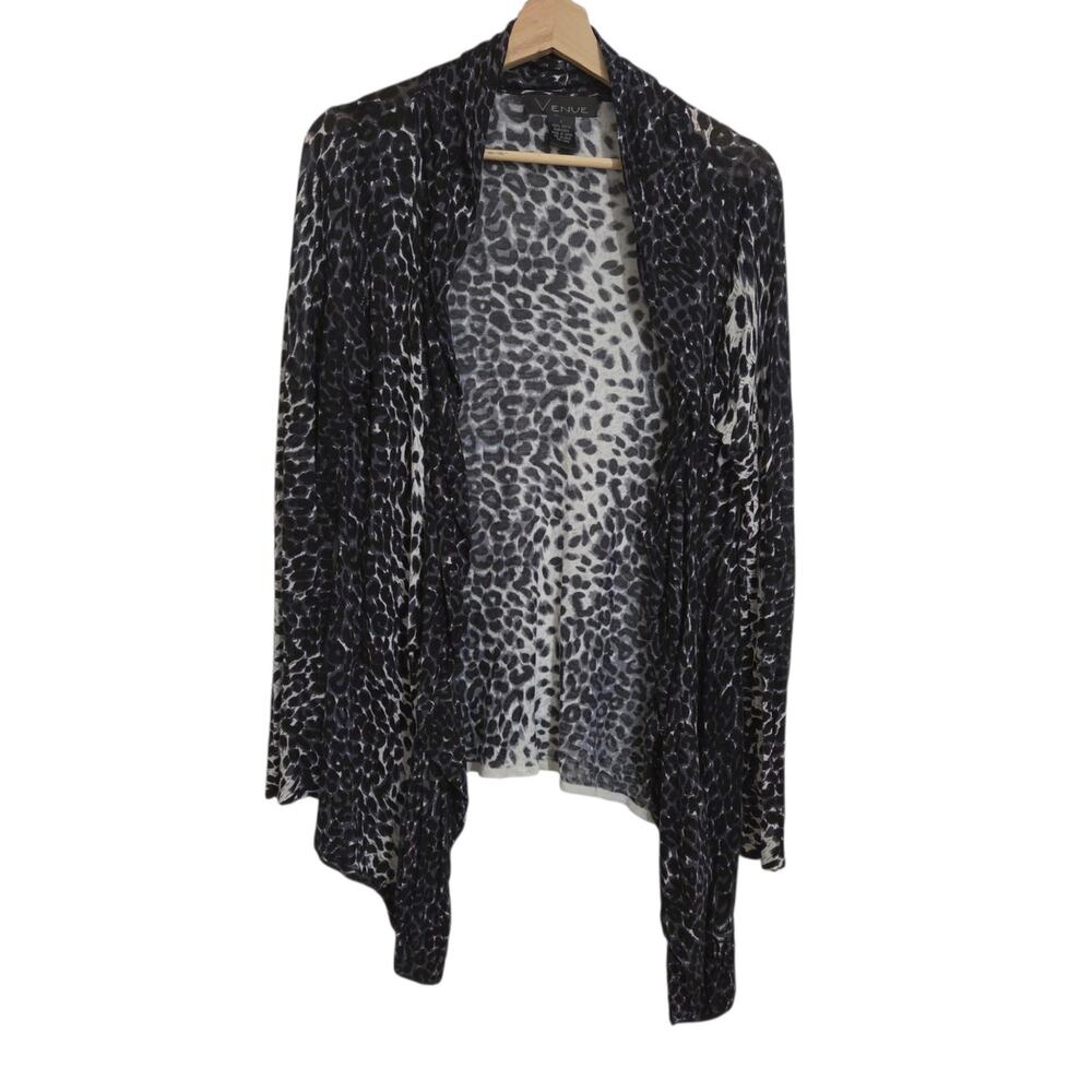 Venue Leopard Print Lightweight Open Front Long Sleeve Rayon Knit Cardigan Large